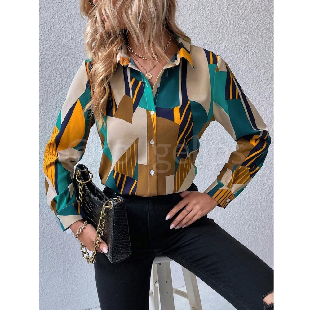 Geometric Colorblock Print Button Down Collared Long Sleeve Dress Shirt Top - Picture 2 of 7